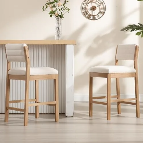 rivova 26 bar stools set of 2 counter height bar stools for kitchen counter modern upholstered barstools with back and wood legs linen stools farmhouse island chairs beige