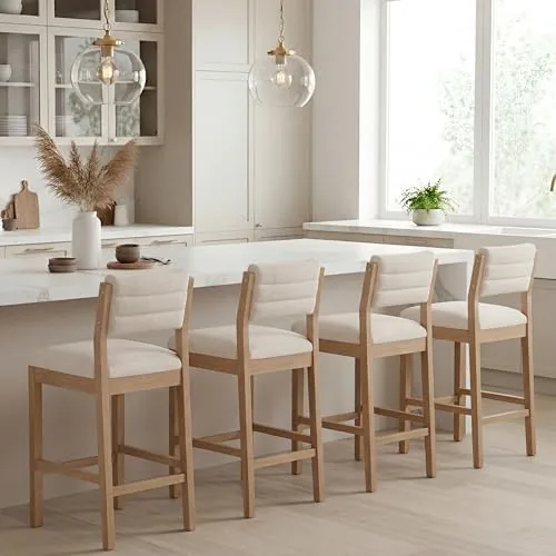 rivova 26 bar stools set of 4 counter height bar stools for kitchen counter modern upholstered barstools with back and wood legs linen stools farmhouse island chairs beige