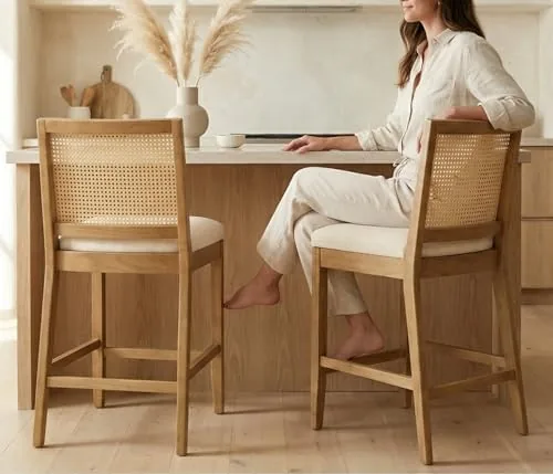 rivova 265 rattan bar stools set of 2 modern linen fabric upholstered counter height bar stools kitchen island barstools with rattan back natural finish wood legs bar chairs beige