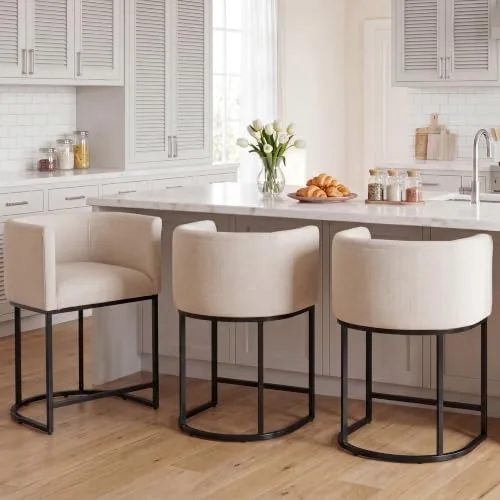 rivova contemporary cream linen bar stools set of 3 24 upholstered fabric counter height barstools kitchen counter island stools with screwed together black metal base
