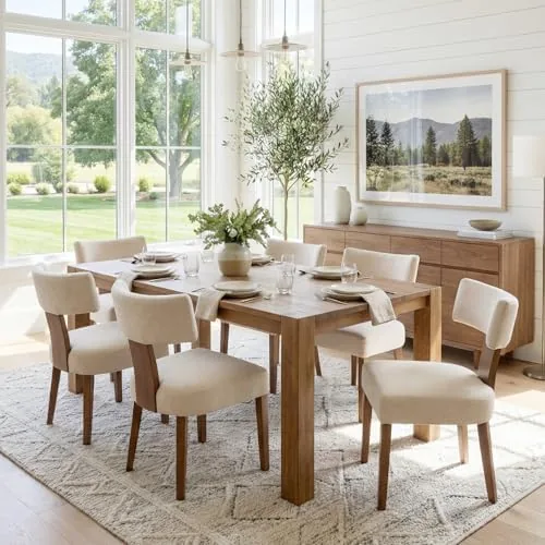 rivova mid century modern dining chairs set of 6 upholstered linen fabric dining chairs curved backrest farmhouse dining room chairs kitchen chairs with wood legs beige