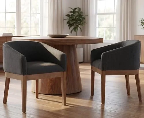 rivova upholstered dining chairs set of 2 modern linen dining room chairs curved back kitchen chairs with solid wood legs barrel accent arm chairs mid century farmhouse side chairs charcoal