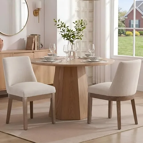 rivova upholstered dining chairs set of 2 modern wooden dining room chair linen fabric kitchen chairs farmhouse dinner chair with hardwood frame beige