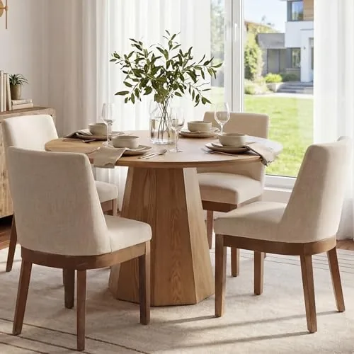 rivova upholstered dining chairs set of 4 modern wooden dining room chair linen fabric kitchen chairs farmhouse dinner chair with hardwood frame beige